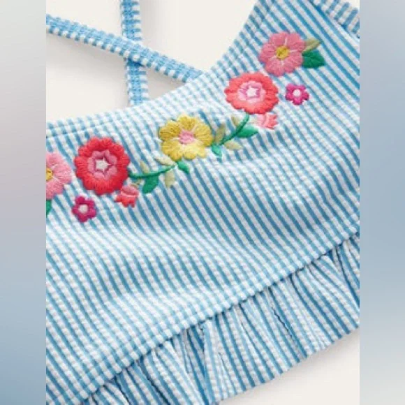 NWT Mini Boden Blue Seersucker Embroidered Frilly Bikini, Size 8-9Y